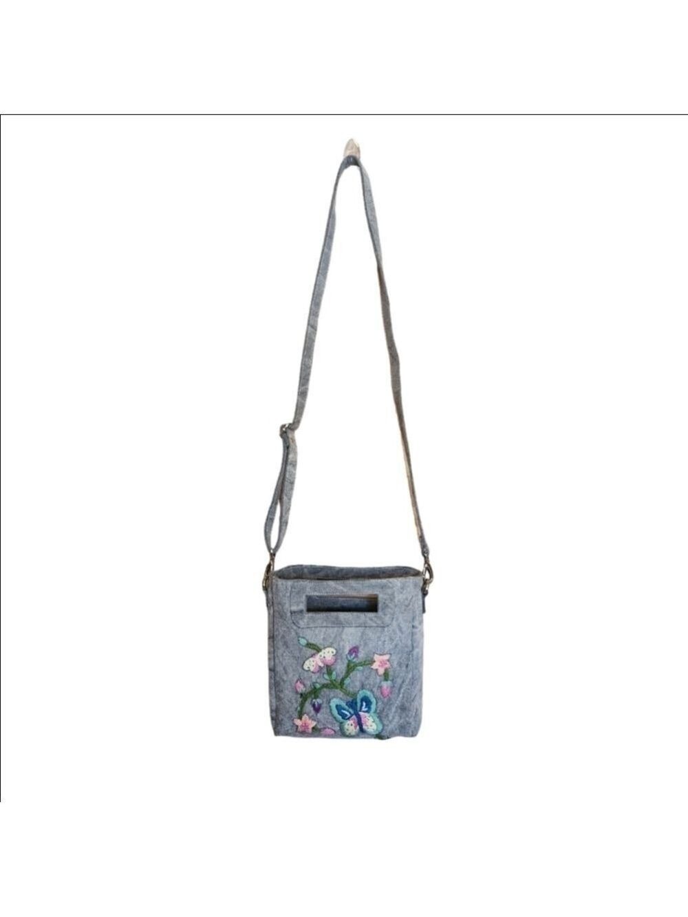RAJ ANTHROPOLOGIE EMBROIDERED CROSSBODY SHOULDER REMOVABLE GRAY DENIM BAG NWOT - Picture 4 of 13